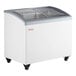 A white Galaxy curved top display freezer with a glass top.