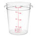 A clear plastic Vigor food storage container with red measurements.
