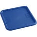 A blue square polypropylene food storage container lid.