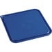 A blue square Vigor polypropylene food storage container lid on a blue square container.