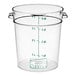 A clear plastic Vigor food storage container with green text for measurements.