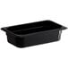 A black rectangular Vigor polycarbonate food pan with a lid.