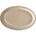 An Acopa Foundations tan oval melamine platter with a narrow rim and a logo on it.