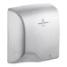 A silver rectangular World Dryer hand dryer with a logo.