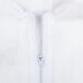 A close-up of the open zipper on a white Cordova disposable coverall.