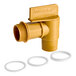 A yellow plastic faucet with white rings on a plastic pipe.