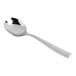 A close-up of a Fortessa Lucca stainless steel bouillon spoon with a silver handle.
