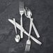 A Fortessa Catana stainless steel dinner knife on a black surface.