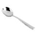 A Fortessa Lucca stainless steel bouillon spoon with a faceted handle.