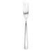 A close up of a Fortessa stainless steel salad/dessert fork with a silver handle.