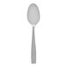 A Fortessa Ringo stainless steel dessert/spoon with a silver handle.