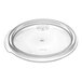 A clear plastic lid for a round food storage container.