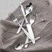 A group of Fortessa Grand City stainless steel salt spoons on a cloth.