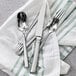 A close-up of a Fortessa Scalini stainless steel spoon in a silverware set.