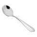 A Fortessa stainless steel bouillon spoon with a black handle.