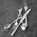 A Fortessa stainless steel bouillon spoon on a table with other silverware.