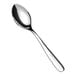 A close-up of a Fortessa stainless steel dessert/soup spoon with a silver handle.