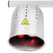 An Avantco silver heat lamp with red bulbs over food.