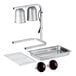 A silver two-bulb free-standing heat lamp food warmer set with red bulbs, a stainless steel pan, and a wire grate.