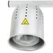 An Avantco silver metal free standing heat lamp with red bulbs.