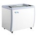 An Avantco white and grey glass top display ice cream freezer.