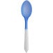A white dessert spoon with a blue tip.