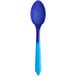 A blue plastic dessert spoon with a blue handle.