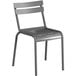 A matte gray metal outdoor side chair with a backrest.