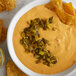 a bowl of cheese dip with chips