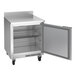 A Beverage-Air stainless steel worktop refrigerator with a door open.