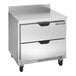 A silver stainless steel Beverage-Air worktop refrigerator with two drawers.