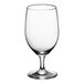 A clear wine glass with a stem.