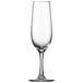 A set of six clear Schott Zwiesel wine flute glasses.