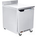 A silver Beverage-Air worktop freezer with wheels.