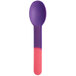 A pink and purple heavy weight plastic spoon with a handle.