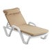 A beige chaise lounge cushion on a white chaise lounge chair.