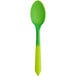 A neon green to green plastic dessert spoon.