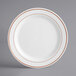 A white plastic Visions plate with rose gold/copper bands.