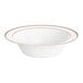 A white plastic bowl with rose gold or copper bands around the rim.