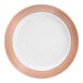 A white plastic plate with a rose gold or copper lattice design around the rim.