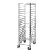 A stainless steel bun and sheet pan rack with 20 slots and four caster wheels.