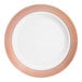 A white plastic plate with a rose gold lattice design around the rim.