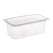 A San Jamar translucent polypropylene plastic food pan with a lid.