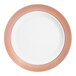 A white plastic plate with a rose gold lattice design around the rim.