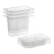 A stack of clear San Jamar 1/9 size plastic containers with lids.