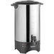 A silver stainless steel Galaxy coffee urn with a black lid.