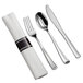 A Visions pre-rolled white linen-feel napkin with silver plastic cutlery including a fork, knife, and spoon.