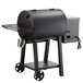 A black Backyard Pro wood-fired pellet grill on a stand.