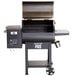 A black Backyard Pro wood-fired pellet grill with the lid open.