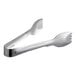 A close-up of silver stainless steel salad tongs.